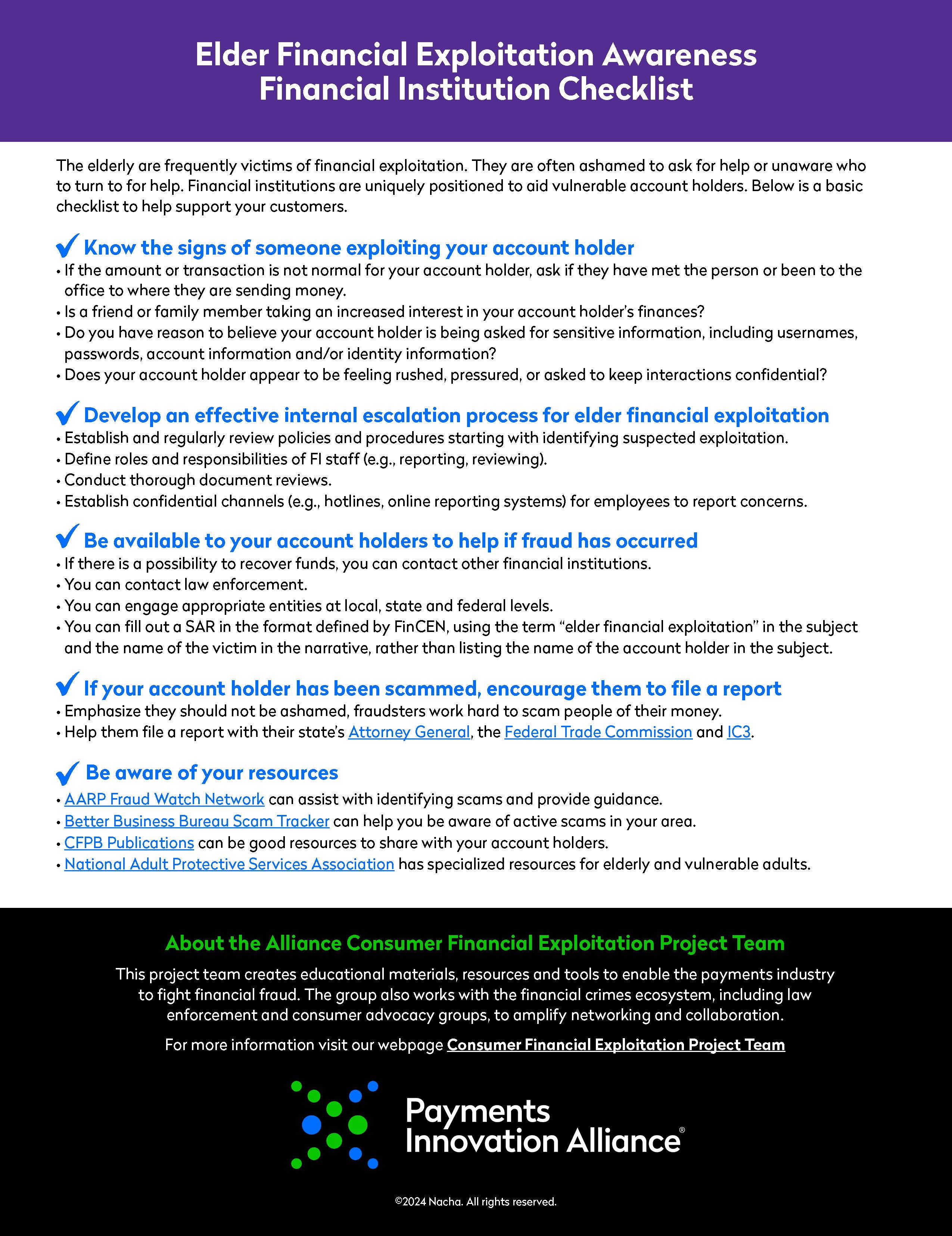 Elder Financial Exploitation Awareness Financial Institution Checklist graphic