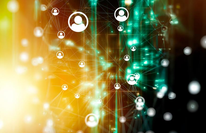 Abstract digital network with interconnected user icons on a colorful background, featuring glowing lines and nodes.
