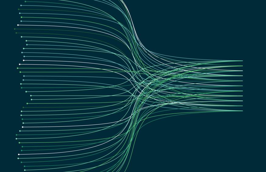 This graphic depicts a myriad of parallel green lines on a deep greenish-blue background. As the lines progress, they intertwine, giving the sensation of fluidity and motion. 