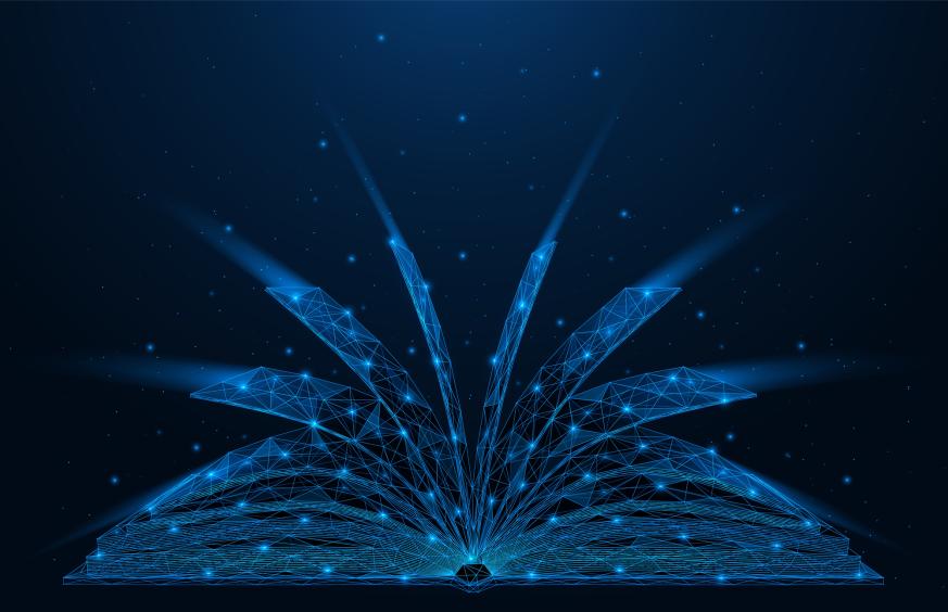 An open book. Polygonal construction of lines and points. Blue background.