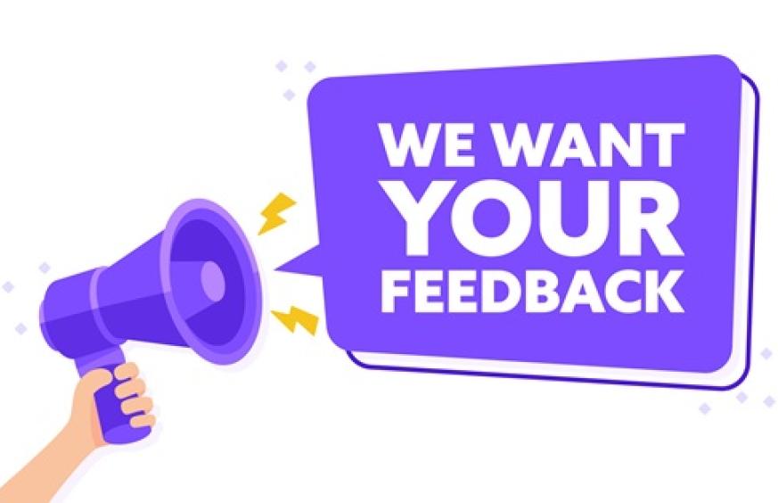 "we want your feedback" coming out of a megaphone