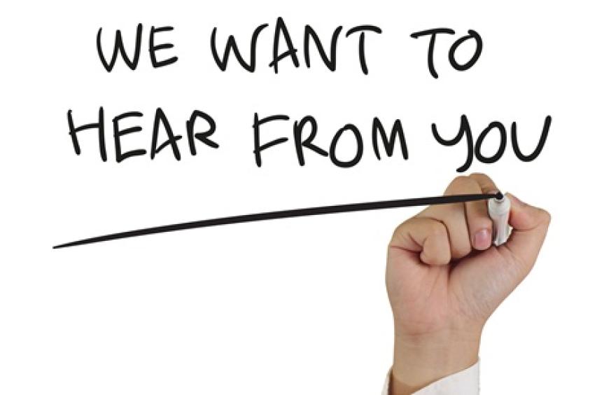 image that reads "we want to hear from you"