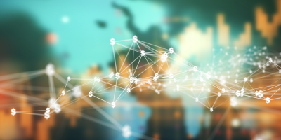 Abstract visualization of financial networks with dollar signs and blurred cityscape in the background.
