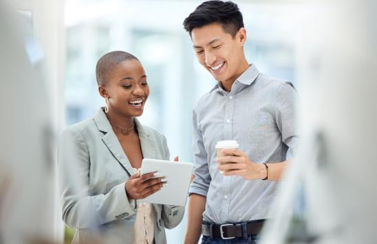 Woman man happy business laptop office