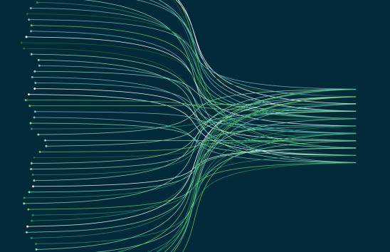 This graphic depicts a myriad of parallel green lines on a deep greenish-blue background. As the lines progress, they intertwine, giving the sensation of fluidity and motion. 
