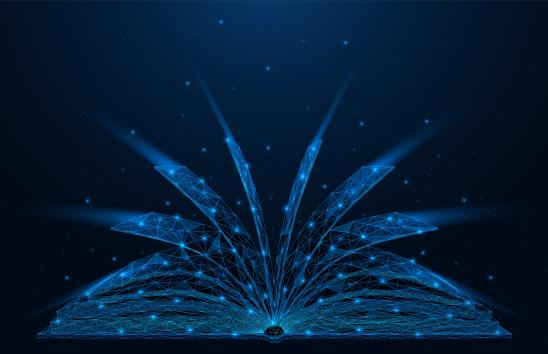 An open book. Polygonal construction of lines and points. Blue background.