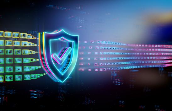 Digital shield icon hologram on future tech background