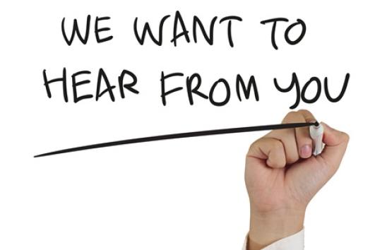 image that reads "we want to hear from you"
