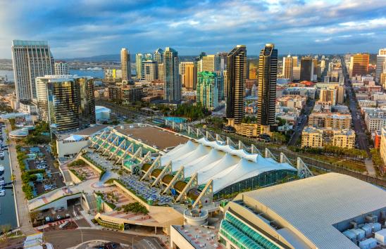 Aerial view of the downtown area of San Diego, California with the famed convention center, home of Comic Con, in the foreground shot from an altitude of about 700 feet during a helicopter photo flight.