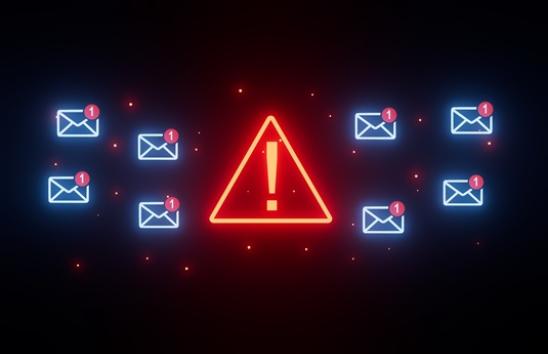 A triangle with an exclamation point, surrounded by envelopes indicating email.